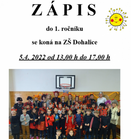 Zápis do 1. ročníku ZŠ Dohalice