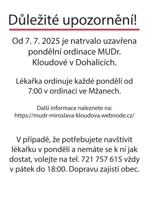 Uzavření ordinace praktického lékaře v Dohalicích