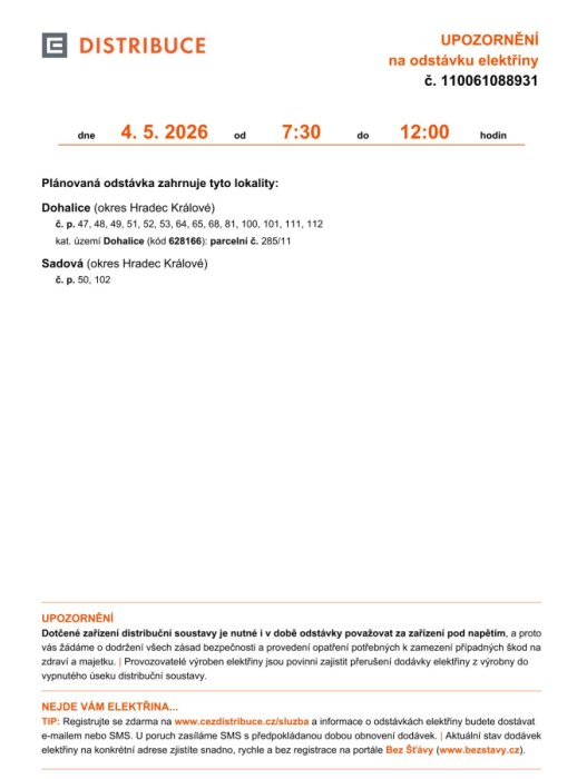 Plánovaná odstávka elektřiny v části obce