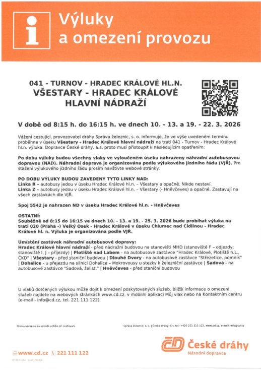 Výluka ČD - 10.-13.3. a 19.-22.3